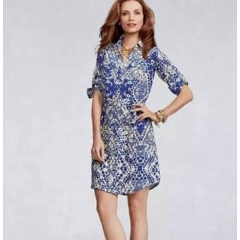 CABI Womans Sz XS Jewel Shirt Dress Style #422 Button Belt Blue Roll Tab Sleeve